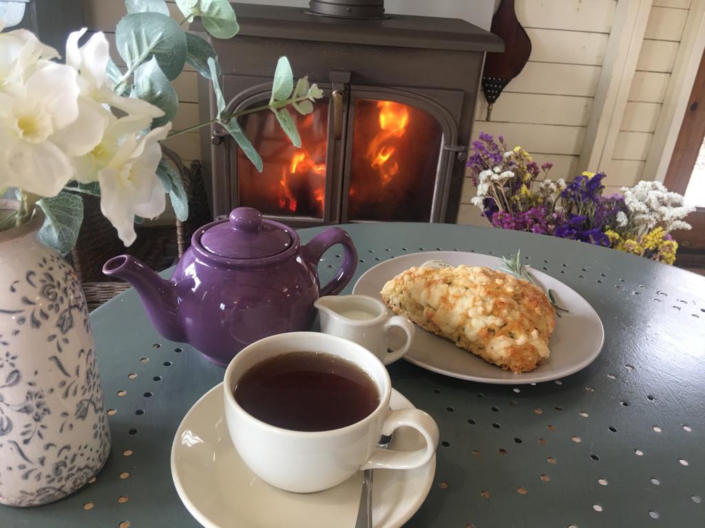 Lavender scone and teapot in The Cottage Gardens tearoom.